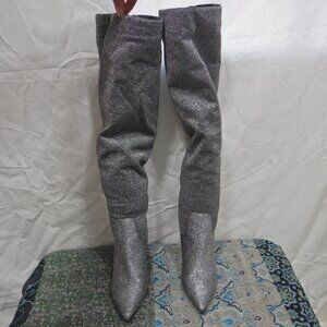 Beautiful Silver Sparkling Rouged Pointed Toe Tall Shaft Boots
